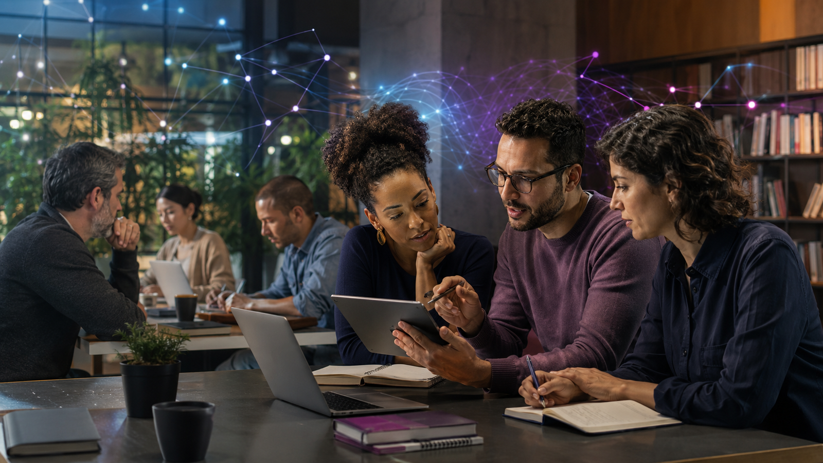Pessoas colaborando em um ambiente de aprendizagem conectado às tecnologias digitais.